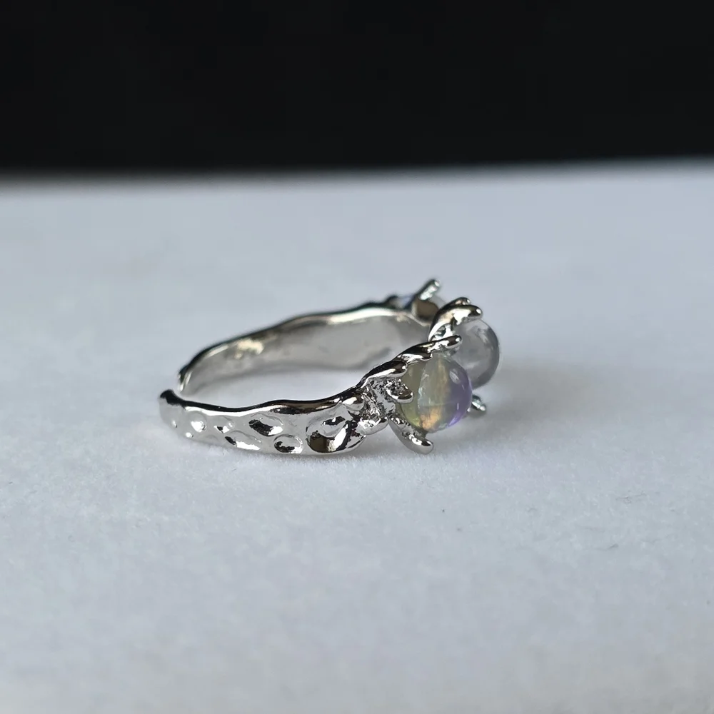 Triple Opalite Orb Moonlight Celestial Open Back Ring Faux Moonstone Opal Size 5